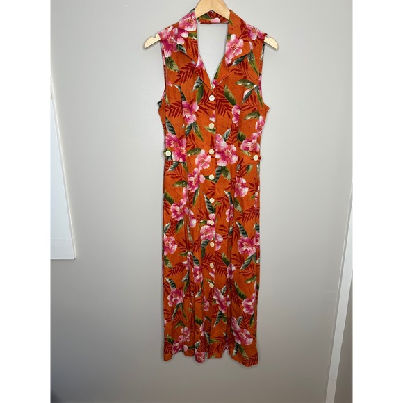 Erika Dresses Dresses & Skirts - Erika Women's Vintage Orange Floral Print Button Front‎ Sleeveless Midi Dress M